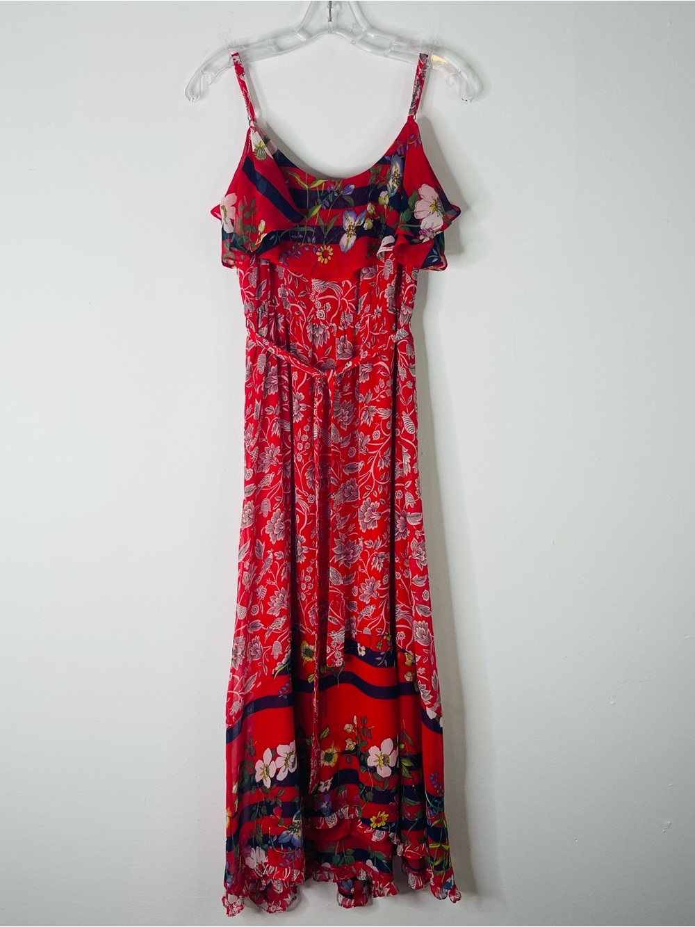 One September red blue green floral ruffle preppy midi maxi dress small